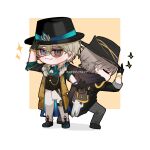  2boys aventurine_(honkai:_star_rail) black_gloves black_headwear blonde_hair caelus_(honkai:_star_rail) chibi closed_eyes dancing earrings english_commentary fur_trim gloves hair_between_eyes highres honkai:_star_rail honkai_(series) jewelry male_focus multiple_boys open_hand pants sheepota short_hair smile standing star_(symbol) trailblazer_(honkai:_star_rail) white_pants 