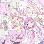  2girls alcremie alcremie_(ruby_swirl) arms_up blonde_hair blunt_bangs blush_stickers bob_cut cardigan closed_eyes collared_shirt comfey fang flower granbull highres jigglypuff lacey_(pokemon) long_hair long_sleeves low_ponytail mina_(pokemon) multiple_girls neckerchief open_mouth paint_in_hair paint_splatter paint_splatter_on_face parted_bangs pink_cardigan pink_hair pokemon pokemon_(creature) pokemon_sm red_neckerchief remoooon shirt short_sleeves single_off_shoulder smile swirlix tongue tongue_out undershirt whimsicott white_shirt 