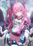  1girl absurdres ahoge arms_behind_back belt blush grace_(sound_voltex) hair_ornament highres hip_vent lida_vv long_hair looking_at_viewer pink_hair purple_eyes shirt smile sound_voltex standing t-shirt tagme thighs twintails 