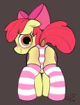  2019 apple_bloom_(mlp) butt clothing cutie_mark dock earth_pony equine eyelashes female feral friendship_is_magic hi_res horse legwear looking_at_viewer looking_back mammal my_little_pony panties pony rear_view ribbons selenophile signature simple_background smile solo striped_legwear stripes underwear young 