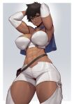  abs absurdres blue_cape breasts brown_hair cape dark_skin detached_sleeves green_eyes highres large_breasts muscular muscular_female navel original short_cape short_hair shorts speedl00ver thick_thighs thighs very_dark_skin white_shorts 