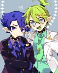  2boys aqua_shirt black-framed_eyewear black_gloves black_jacket blue_eyes blue_hair blue_necktie collar ear_piercing fangs gloves green_hair green_necktie grey_background hair_between_eyes hair_ornament hairclip hand_up highres iggy_koopa jacket long_sleeves ludwig_von_koopa lzesmelt mario_(series) multiple_boys necktie personification piercing pointy_ears ringed_eyes shirt short_hair smile spiked_collar spikes super_mario_bros._3 white_jacket 