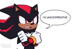 2020 anthro black_body clothing crossed_arms dialogue english_text eulipotyphlan gloves handwear hedgehog hi_res male mammal open_mouth red_eyes sega shadow_the_hedgehog signature simple_background solo sonic_the_hedgehog_(series) speech_bubble text tuft violetmadness7
