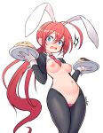  1girl absurdres ahoge animal_ears blue_eyes blush breasts embarrassed fake_animal_ears food heart_maebari highres holding holding_plate long_hair long_sleeves looking_at_viewer low_ponytail maebari medium_breasts meme_attire navel necktie nipples nose_blush nude open_mouth original plate rabbit_ears ranken red_hair red_necktie reverse_bunnysuit reverse_outfit shrug_(clothing) simple_background solo stomach very_long_hair white_background wide-eyed wrist_cuffs 