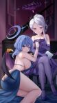 2girls absurdres ako_(blue_archive) ako_(dress)_(blue_archive) ass backless_dress backless_outfit black_horns blue_archive blue_dress blue_eyes blue_hair blue_halo blush breasts chien_zero collarbone crossed_legs dangle_earrings demon_horns demon_wings dress earrings elbow_gloves gloves grand_piano hair_between_eyes halo highres hina_(blue_archive) hina_(dress)_(blue_archive) horns instrument jewelry large_breasts long_hair multiple_girls multiple_horns necklace official_alternate_costume official_alternate_hairstyle open_mouth pantyhose pendant piano purple_dress purple_eyes purple_footwear purple_gloves purple_pantyhose purple_wings shoes sideboob smile strapless strapless_dress white_hair wings 