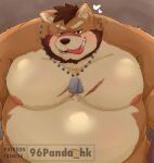 &lt;3 2024 96panda absurd_res anthro belly big_belly blush brown_body brown_fur canid canine canis domestic_dog fur hi_res kemono male mammal overweight overweight_male scar simple_background solo tongue tongue_out