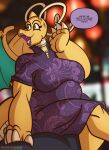 anthro breasts clothed clothing dialogue dragonite dress english_text eyelashes female generation_1_pokemon hi_res membrane_(anatomy) membranous_wings nintendo overweight overweight_female pokemon pokemon_(species) pupils scalie sitting sketchybug solo text wings