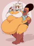 absurd_res ailurid anthro belly beverage big_belly big_breasts black_body black_fur bottomwear bracelet breasts brown_body brown_fur cleavage clothed clothing facial_markings female fur hair head_markings hi_res huge_breasts huge_thighs hyper hyper_belly hyper_breasts jewelry kiki_(low_res_art) low_res_art mammal markings morbidly_obese morbidly_obese_anthro morbidly_obese_female motion_lines obese obese_anthro obese_female open_mouth orange_body orange_fur overweight overweight_anthro overweight_female red_eyes red_panda shadow shorts simple_background solo standing striped_markings striped_tail stripes tail tail_markings text thick_thighs topwear watermark white_body white_fur white_hair