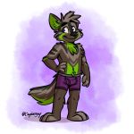  barefoot boxer_briefs canid canine canis clothing fur green_fur grey_fur male mammal purple_eyes purple_underwear solo tinydeerguy underwear wolf 