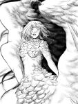  1girl blush body_fur chimera completely_nude cowboy_shot dragon_wings dungeon_meshi falin_thorden feathered_wings floating_hair greyscale h43ryu hair_over_mouth highres korean_commentary looking_at_viewer monochrome monster_girl nude parted_lips short_hair solo spoilers wings 