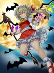  1girl absurdres agira ascot bat_(animal) blonde_hair bloomers crystal fang flandre_scarlet floating frilled_hat frilled_shorts frilled_skirt frilled_socks frills full_moon hat highres holding holding_weapon laevatein_(touhou) looking_at_viewer mob_cap moon night puffy_short_sleeves puffy_sleeves red_eyes red_footwear red_nails red_skirt short_sleeves shorts side_ponytail skirt sleeve_bow smile socks solo touhou weapon white_shorts white_socks wings yellow_ascot yellow_moon 