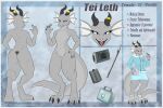 anthro blue_eyes claws clothed clothing digital_drawing_(artwork) digital_media_(artwork) digitigrade female grey_body hi_res horn lizard medical_instrument model_sheet nude reptile ringstudios scalie scientific_instrument solo standing tail tei_leth text