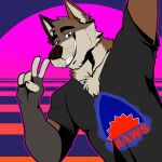 2023 anthro canid canine canis clothing domestic_dog gesture gradient_background male mammal simple_background solo v_sign wildside wolf