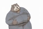 2024 5_fingers anthro bear belly big_belly black_nose blush bottomwear brown_body brown_fur clothing fingers fur hi_res kemono male mammal overweight overweight_male pants pommn_mn shirt simple_background solo topwear white_background