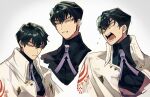  1boy angry annoyed black_hair black_shirt closed_mouth coat collared_shirt constricted_pupils fate/grand_order fate_(series) green_eyes grimace highres itou_kashitarou_(fate) male_focus multiple_views necktie open_mouth purple_necktie scratches shirt short_hair simple_background solo_focus upper_body white_background white_coat yuu_(areruya) 