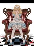  1girl 8041mm bangs blonde_hair bow chair checkered checkered_floor copyright_name crying dress eyes_closed full_body hair_bow jessica_(jinrou_judgment) jinrou_judgment long_hair pantyhose puffy_sleeves simple_background sitting solo white_background white_legwear 