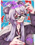  animal_ears black_shirt bobotatamu coat coat_on_shoulders collared_shirt crazy_grin don_koala grey_hair grin highres indie_virtual_youtuber necktie red_eyes sharp_teeth shirt short_hair smile sunglasses teeth unworn_coat white_coat white_necktie 