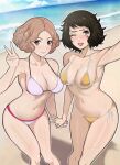  2girls ;d arm_up beach bikini black_hair blue_sky blush breasts brown_eyes brown_hair closed_mouth collarbone commentary day english_commentary hand_up highres kawakami_sadayo large_breasts lepypepy medium_breasts multiple_girls navel ocean okumura_haru one_eye_closed open_mouth outdoors outstretched_arm persona persona_5 pink_bikini revision selfie short_hair sky smile stomach swimsuit thighs tongue tongue_out v yellow_bikini 