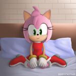 2022 absurd_res accessory amy_rose anthro bed boots clothed clothing dress eulipotyphlan female footwear furniture gloves green_eyes greystwitpage_(artist) hair hair_accessory hairband handwear hedgehog hi_res kneeling looking_at_viewer mammal on_bed pillow pink_body pink_hair sega smile smiling_at_viewer solo sonic_the_hedgehog_(series) tan_body