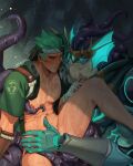  2boys abs bandaged_hand bandages bara bare_pectorals blush bottomless genji_(overwatch) green_hair happi_genji_(overwatch) highres large_pectorals male_focus mask mask_on_head monster_boy multiple_boys muscular muscular_male navel nipples nude nuggies_(nug_gies) official_alternate_costume open_mouth overwatch overwatch_2 pectorals ramattra_(overwatch) short_hair tentacles tentacles_on_male thighs twitter_username yaoi 