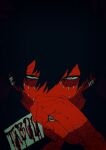  1boy black_background boku_no_hero_academia burn_scar cheek_piercing covered_mouth dabi_(boku_no_hero_academia) highres holding looking_at_viewer male_focus multiple_piercings multiple_scars red_theme scar scar_on_face shigeru_(shigeru_no_ttt) simple_background solo staple stapled upper_body wrinkled_skin 