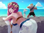  1boy 2girls :d absurdres arched_back arms_up back bare_arms bare_shoulders beach bent_over bikini black_shorts blade_ride blue_bikini blue_eyes blue_one-piece_swimsuit blue_sky blunt_bangs breasts cloud cowboy_shot dark-skinned_male dark_skin day earrings fire_emblem fire_emblem_heroes flower flower_necklace flower_wreath gunnthra_(fire_emblem) gunnthra_(summer)_(fire_emblem) hair_between_eyes hair_flower hair_ornament hanging_breasts helbindi_(fire_emblem) helbindi_(summer)_(fire_emblem) highres horizon jewelry large_breasts legs_apart light_blush long_hair looking_at_viewer looking_back multicolored_hair multiple_girls muscular muscular_male ocean official_alternate_costume one-piece_swimsuit open_mouth orange_hair outdoors pink_hair sarong short_hair shorts sky smile standing star_(symbol) star_print strap_gap swimsuit towel twitter_username very_short_hair water white_hair white_sarong white_towel ylgr_(fire_emblem) ylgr_(summer)_(fire_emblem) 