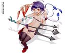  ahoge asymmetrical_wings bangs bikini black_legwear bow breasts collarbone el-zheng eyebrows_visible_through_hair full_body holding holding_weapon houjuu_nue jewelry leg_up looking_at_viewer mary_janes micro_bikini navel necklace polearm purple_bikini purple_hair red_bow red_eyes red_footwear shadow shoe_bow shoes short_hair small_breasts snake solo standing standing_on_one_leg stomach swimsuit tareme thigh_gap thighhighs touhou trident underboob weapon wings wrist_cuffs 