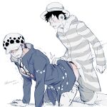  2022 2boys all_fours ass blush chest_tattoo clothed_sex clothes_pull coat commentary_request dated demorzel denim doggystyle ear_blush earrings facial_hair full-face_blush fur_hat goatee hat highres jeans jewelry long_sleeves looking_at_another male_focus monkey_d._luffy motion_lines multiple_boys nipples one_piece open_clothes pants pants_pull scar scar_on_cheek scar_on_face sex sex_from_behind short_hair straw_hat sweat tattoo trafalgar_law yaoi 