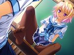  animal_ears blonde_hair byoubu_tetora cameltoe catgirl fang game_cg otomimi_infinity panties pantyhose purple_eyes seifuku short_hair skirt spread_legs underwear upskirt yasaka_minato 