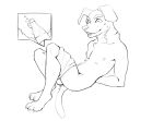 3_toes anthro argyled balls bottomwear bottomwear_down canid canine canis clothed clothing digital_drawing_(artwork) digital_media_(artwork) domestic_dog feet fur genitals image_bubble line_art male mammal nipples open_mouth partially_clothed shorts shorts_down solo tail toes