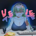  1girl afterimage anger_vein angry bare_shoulders black_camisole breast_rest breasts breasts_on_table camisole can chair chips_(food) cleavage desk desk_slam energy_drink fang food gaming_chair green_eyes green_hair headset highres keyboard_(computer) kochiya_sanae large_breasts long_hair looking_at_viewer monster_energy mouse_(computer) open_mouth playing_games potato_chips skin_fang solo sovietex swivel_chair touhou trembling very_long_hair 