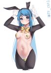  absurdres animal_ears blue_eyes blue_hair breasts gloves heart_pasties highres kantai_collection long_hair meme_attire navel pasties rabbit_ears rabbit_pose reverse_bunnysuit reverse_outfit samidare_(kancolle) simple_background small_breasts tf_cafe twitter_username very_long_hair white_gloves 