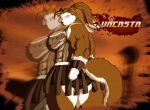2018 anthro armor big_breasts blue_eyes bottomwear breasts butt canid canine canis character_name clothing collie domestic_dog english_text female fur herding_dog huge_breasts mammal multicolored_body multicolored_fur muscular muscular_anthro muscular_female pastoral_dog rough_collie sheepdog solo text topwear two_tone_body two_tone_fur xxsparcoxx yacasta_(xxsparcoxx)