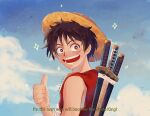 1boy back black_hair cloud english_commentary hat looking_at_viewer male_focus monkey_d._luffy one_piece red_shirt scar scar_on_face shirt short_hair sky sleeveless sleeveless_shirt smile smolkeii solo star_(symbol) straw_hat sword sword_on_back upper_body weapon weapon_on_back 