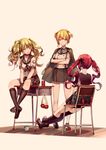  absurdres ajirui alternate_uniform apple blonde_hair chair crossed_arms cz-75_(girls_frontline) desk food fruit girls_frontline gloves green_hair highres long_hair m950a_(girls_frontline) multiple_girls red_hair school_chair school_desk school_uniform short_hair twintails welrod_mk2_(girls_frontline) 