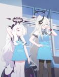  2girls absurdres angel&#039;s_24_uniform_(blue_archive) apron black_halo blanchat blue_apron blue_archive demon_horns demon_wings grin hair_ornament hairclip halo hand_on_own_face hand_on_own_hip highres hina_(blue_archive) horns looking_at_viewer makoto_(blue_archive) multiple_girls pointy_ears purple_eyes smile white_hair wings 