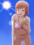  1girl bikini collarbone day from_below kyororiworld leaning_forward lens_flare navel one_eye_closed open_mouth original outdoors pink_bikini red_eyes red_hair short_hair sky solo sun swimsuit teeth upper_teeth_only 