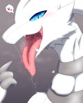 &lt;3 2023 3_fingers 4:5 absurd_res ambiguous_gender ambiguous_pred anthro anthro_pred blue_eyes blue_pupils blue_sclera bodily_fluids breath cheek_tuft claw_fingers claws colored digital_media_(artwork) dragon dripping facial_tuft fangs finger_claws fingers fully_inside fur furred_dragon gaping_mouth generation_5_pokemon gesture grey_background grey_claws headshot_portrait heart_reaction hi_res kemono legendary_pokemon looking_at_viewer monotone_body monotone_fur mouth_shot natutuna neck_bulge nintendo nude open_mouth open_smile oral_vore pink_tongue pointing pointing_at_mouth pointing_at_self pokemon pokemon_(species) portrait pupils reshiram saliva saliva_drip saliva_on_tongue saliva_string shaded side_view simple_background slit_pupils smile snout soft_vore solo speech_bubble swallowing teeth tongue tongue_out tuft vore white_body white_fur