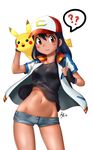  :3 ? ?? arm_up baseball_cap black_gloves black_hair blue_shorts blush brown_eyes buttons closed_mouth collarbone cowboy_shot denim denim_shorts embarrassed fingerless_gloves gen_1_pokemon genderswap genderswap_(mtf) gloves groin hat highres jacket jazzjack long_hair looking_at_viewer navel open_clothes open_jacket open_mouth pikachu pokemon pokemon_(anime) pokemon_(creature) pokemon_m21 red_hat satoshi_(pokemon) short_shorts short_sleeves shorts signature simple_background smile solo speech_bubble spoken_question_mark standing stomach sweat tan tareme thighs track_jacket wavy_mouth white_background white_jacket 
