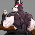 alcoholic_drink anthro back_muscles clothed clothing container cup drinking_glass glass glass_container glass_cup hazbin_hotel husk_(hazbin_hotel) looking_at_viewer male muscular muscular_male overalls partially_clothed rear_view solo tiburalgo