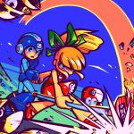  1boy 1girl blonde_hair blue_eyes blunt_bangs broom dress eddie_(mega_man) green_ribbon hair_ribbon highres holding holding_broom holding_hands humanoid_robot laser-lance mega_man_(character) mega_man_(classic) mega_man_(series) met_(mega_man) open_mouth red_dress red_footwear ribbon robot roll_(mega_man) short_hair short_ponytail sidelocks 