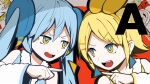 2girls a_ja_nai_ka_(vocaloid) angry blonde_hair blue_eyes blue_hair bow_hairband fang furrowed_brow hair_ornament hairband hairclip hatsune_miku highres kagamine_rin long_hair looking_at_another multiple_girls open_mouth pinocchio-p pointing pointing_at_another portrait short_hair teeth twintails upper_teeth_only v-shaped_eyebrows vocaloid yellow_eyes 