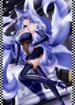  1girl absurdres animal_ear_fluff animal_ears artist_name azur_lane bare_shoulders blue_eyes blue_skirt boots breasts covered_navel elbow_gloves fox_ears fox_girl fox_tail gloves high_heels highres hk419 huge_breasts kitsune kyuubi large_tail long_hair looking_at_viewer microskirt multiple_tails official_alternate_costume panty_straps race_queen shinano_(azur_lane) shinano_(moonlit_chrome)_(azur_lane) shoes skirt solo tail thigh_boots very_long_hair white_footwear white_tail 