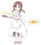  1girl apron back_bow bow brown_eyes brown_hair chopsticks collared_dress dress eyes_visible_through_hair flat_chest food frying_pan hair_ornament hair_ribbon hairclip holding holding_chopsticks holding_frying_pan ketchup long_hair nonamejd official_style omelet plate puffy_short_sleeves puffy_sleeves purple_footwear red_ribbon ribbon rika_(touhou) short_sleeves simple_background slippers solo standing touhou touhou_(pc-98) white_apron white_background white_bow white_dress zun_(style) 
