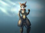 absurd_res anthro armor clothed clothing digital_media_(artwork) felid feline female fur hair hi_res looking_at_viewer mammal markings pimstacja pistacja serval simple_background solo spots spotted_body spotted_fur
