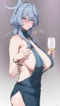  1girl absurdres ako_(blue_archive) ako_(dress)_(blue_archive) areola_slip bare_arms bare_shoulders blue_archive blue_dress blue_eyes blue_hair blue_halo bracelet breasts cleavage commentary_request cup dress earrings gradient_background grey_background halo highres holding holding_cup huge_breasts jewelry kurowa medium_hair nail_polish official_alternate_costume open_mouth purple_nails sideboob simple_background solo 