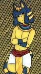 absurd_res animal_crossing animal_humanoid ankha_(animal_crossing) anthro belt blue_body blue_fur blue_hair cat_humanoid clothed clothing crossed_arms crown digital_media_(artwork) ears_up egyptian felid felid_humanoid feline feline_humanoid fur girly gold_(metal) hair headgear hi_res humanoid king looking_at_viewer male mammal mammal_humanoid neckwear neptunebunny nintendo nipples pharaoh royalty simple_background solo tail tsundere yellow_body yellow_fur