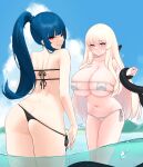  2girls absurdres artist_name ass back belly bikini bikini_pull black_bikini blanche_neige_(svet_yomi) blue_sky blunt_bangs blush breasts closed_mouth clothes_pull cloud covered_nipples eyepatch_bikini hand_on_own_chest highres holding_another&#039;s_wrist huge_breasts letan_(svet_yomi) long_hair looking_at_viewer looking_back micro_bikini multiple_girls navel nose_blush ocean original panties parted_lips pink_hair ponytail red_eyes seductive_smile side-tie_bikini_bottom sidelocks skindentation sky smile string_panties svet_yomi swimsuit tentacles underwear very_long_hair wading water white_bikini white_hair 