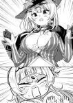  2girls blush breasts bursting_breasts capelet cleavage closed_mouth cosplay emphasis_lines gloves greyscale hair_ornament hat highres hololive izumida_fuyuki large_breasts long_sleeves monochrome multiple_girls murasaki_shion murasaki_shion_(1st_costume) murasaki_shion_(cosplay) popped_button sakamata_chloe shirt striped_clothes striped_shirt vertical-striped_clothes vertical-striped_shirt x_hair_ornament 