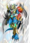  abs absurdres arm_blade arm_cannon armor blue_skin claws colored_skin digimon dragon fingernails fladramon fusion gauntlets highres imperialdramon imperialdramon_paladin_mode long_fingernails magnamon no_humans omegamon raidramon red_eyes sawa_d shoulder_armor spikes torn_wings ulforcev-dramon weapon wings 